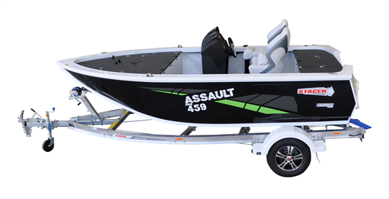 Small black Assault 459 Pros Series on a boat trailer